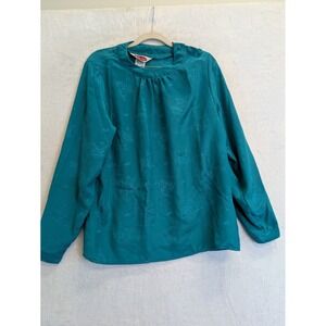 Ashley Hall Women's Teal Jacquard Floral Mock Neck Long Sleeve Blouse‎ Size 12